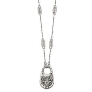 Fligree Stations, Aniqued Pewter-tone Vintage Filigree Pattern Lock 30" Necklace